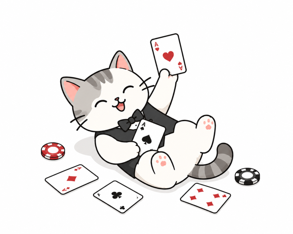 Cute cat playing card games with aces and casino chips