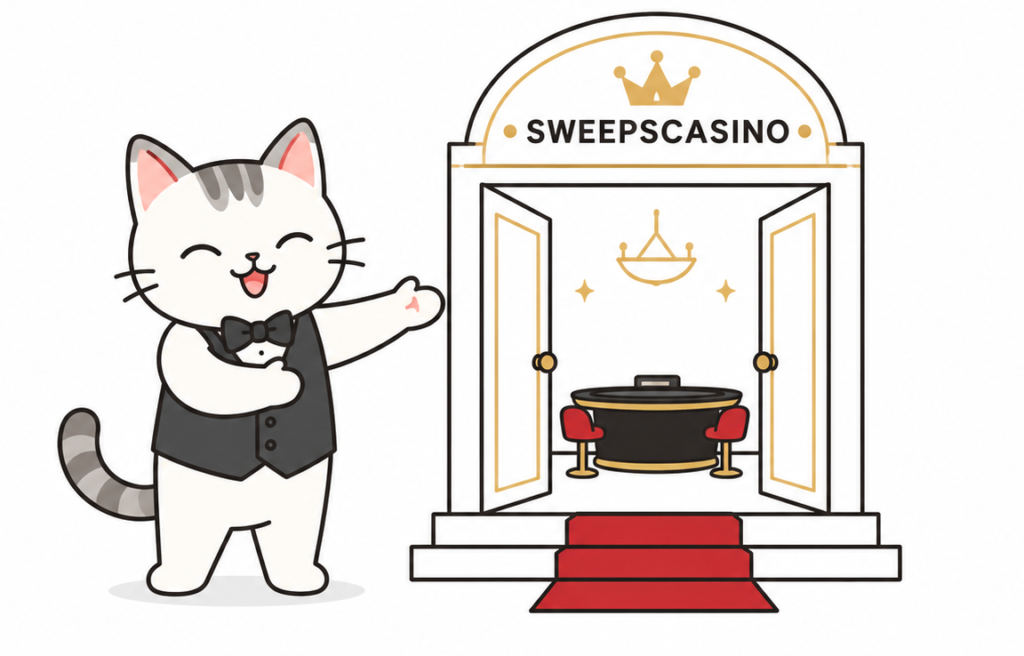 Cat mascot welcoming players to sweepstakes casinos Entrance