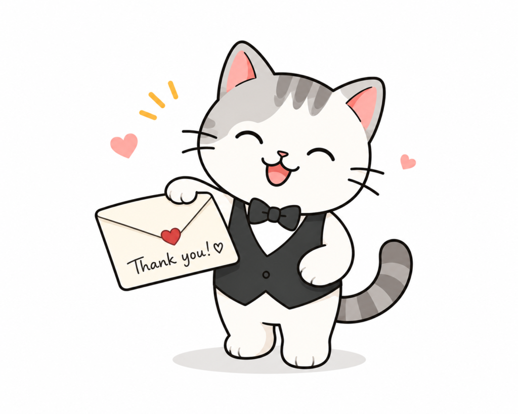 Friendly cat mascot waving hello to welcome users to contact us