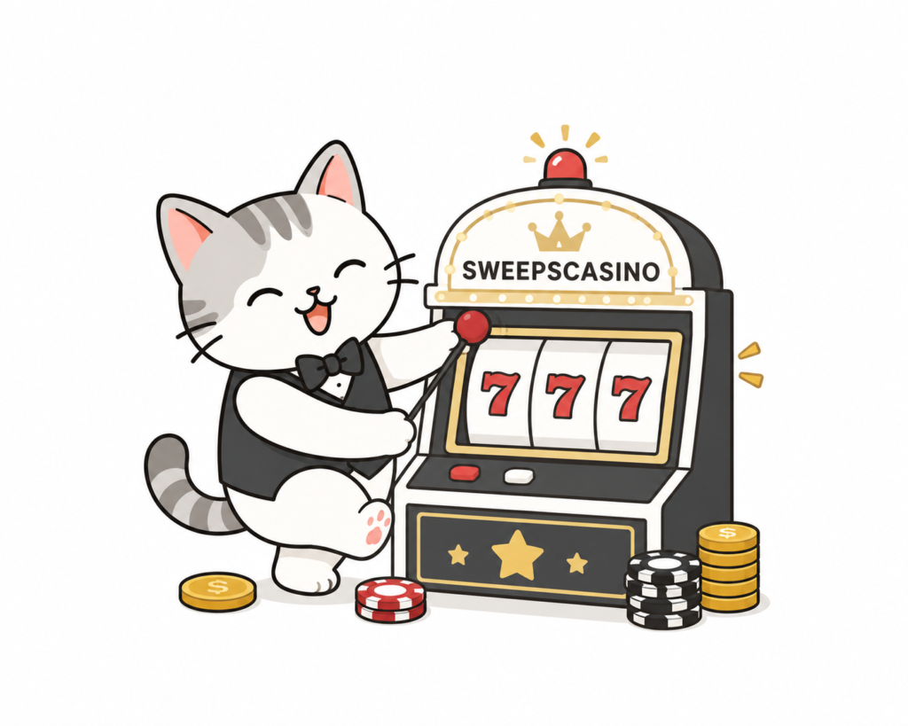 about us mascot cat playing slot machine