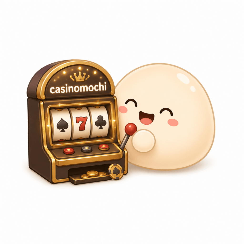 Official Casinomochi character spinning the reels on a casino slot machine.